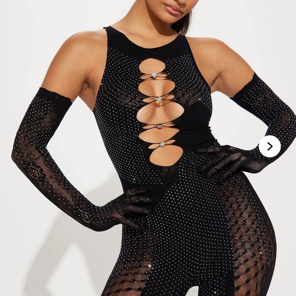 Black Rhinestone Cutout Bodysuit with Gloves
